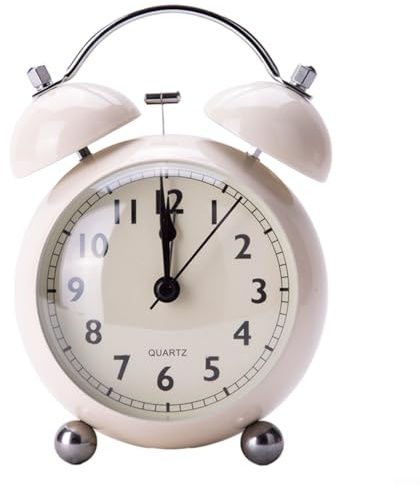 Reloj despertador vintage de doble campana de metal, funciona con pilas, pantalla analógica clásica, luz de fondo, luz nocturna, reloj de mesa de noche para personas que duermen mucho (blanco)