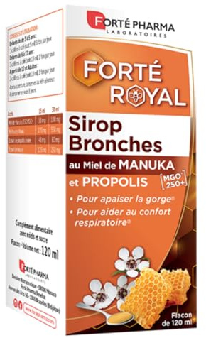 Forté Pharma - Forté Royal Sirop Bronches Miel de Manuka & Propolis brune dès 3 ans - Complement Alimentaire pour apaiser les Bronches - Miel toutes fleurs, Mauve - Confort respiratoire - 120ml