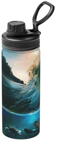 Bouilloire isotherme de sport avec motif palmiers et tortues de mer - 532 ml - Bouteille de voyage polyvalente pour basket-ball en plein air