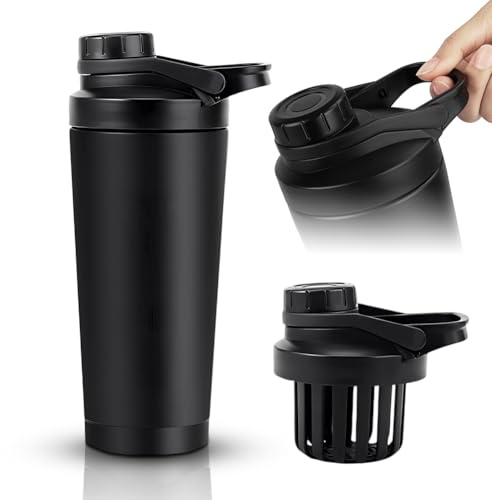 Edelstahl Shaker, Protein Shaker Schwarz 750ML, Doppelwandig Edelstahl Vakuum Isoliert Blender Bottle mit Sieb, BPA Frei