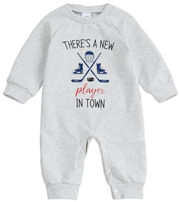 Newborn Infant Baby Boy Game Day Outfit Hockey Onesie Jumpsuit One Piece Long Sleeve Romper Clothes (Gray, 3-6 Months)