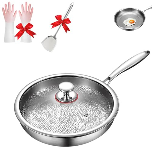 Oveallgo Plateful - Padella in titanio con coperchio, 100% padelle in titanio per cucinare, 26-34 cm, padelle antiaderenti, estremamente durevoli e antigraffio (con coperchio, 34 cm)