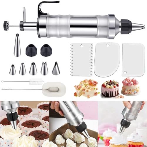 TeamSky Premium Cake Decorating Syringe Kit - 14 Piece Set with 6 Stainless Steel Piping Nozzles & Cleaning Brushes. Reusable Cream Dispenser Tool for Icing, Cupcakes & Biscuits (Black)