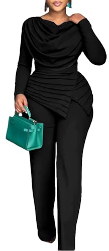 CHICME Women's Fall Jumpsuit Dressy Cowl Neck Asymmetrical Hem Overall Zipper Back Wide Leg Jumpsuit-bk-XXL