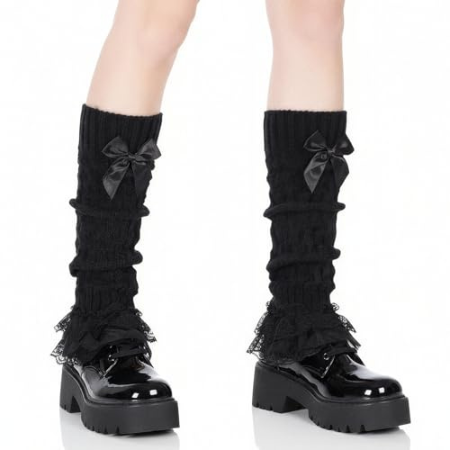 Black Leg Warmers, Women's 1 Pair Lace Leg Warmers, Fashion Knit Bow Lace Trim Loose High Socks, Polyester Flared Legs Warmer Cute Knee High Legs Sleeves for Women Lolita Costume Party Accessories | Polyester Flared Leg Warmers Cute Comfortable Knee High Legs Sleeves for Women Lolita Costume Party Accessories