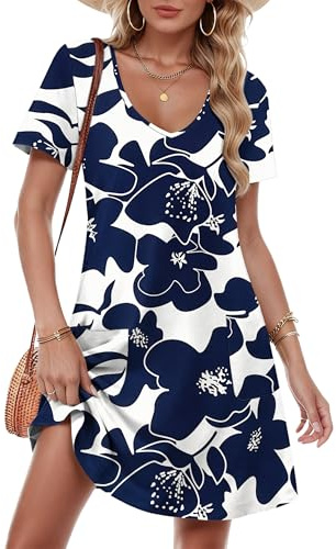 MOLERANI Dresses for Women UK - V Neck Summer Dress Short Sleeve Midi Dress with Pockets S-2XL