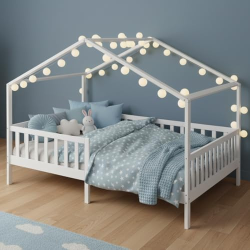 Bellabino Bia Kinderbett 140x200 cm, Hausbett, Weiß, mit Rausfallschutz | Montessori Holzbett aus Massivholz Kiefer, mit Lattenrost, für Jungen & Mädchen, Kinderzimmermöbel, Bettgestell, Holzrahmen