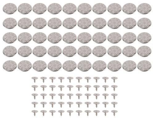 Hosenknöpfe aus Metall, verstellbar, kein Nähen, abnehmbar, 50er-Set, Blumenmuster aus Edelstahl, 17 mm, silberfarben mit spitzen PH-Eisenschrauben für Hosen, Jacken,
