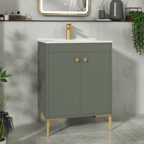 Royal Bathrooms Verona 600mm Floor Standing Vanity Unit Ceramic Basin 2 Door Cabinet Furniture Matt Green with Brushed Brass Knob