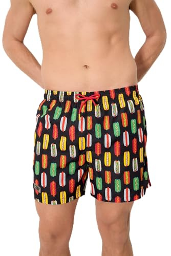 YSABEL MORA. Bañador Medio Estampado Hot Dog Hombre. Tejido Ligero De Secado Rápido con Cintura Elástica Y Cordón Ajustable. Bolsillos Funcionales para Playa O Piscina .Colección Yumy.