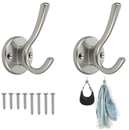 2 Pack Bathroom Towel Hooks,Brushed Silver Nickel Door Hooks Screw in | Heavy Duty Wall Mounted Coat Hooks,for Hanging Coat Robe Keys Clothes Bags,Large Double Hook,Includes Screws