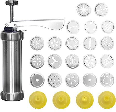 Ragyzity 25pcs Press Set with 20 Cookie Discs and 4 Nozzles, Icing Set and Biscuit Maker, Stainless Steel Cookie Press Biscuit Maker Kit, Cookie Press Pump Machine for DIY Biscuit Making