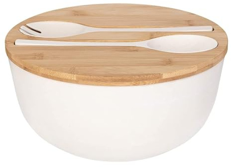 Generisch Ensaladera de cubiertos para servir, cuencos grandes de bambú macizo, ensaladera con tapa de bambú, cuchara para frutas, ensaladas y decoración (25,4 cm, blanco)