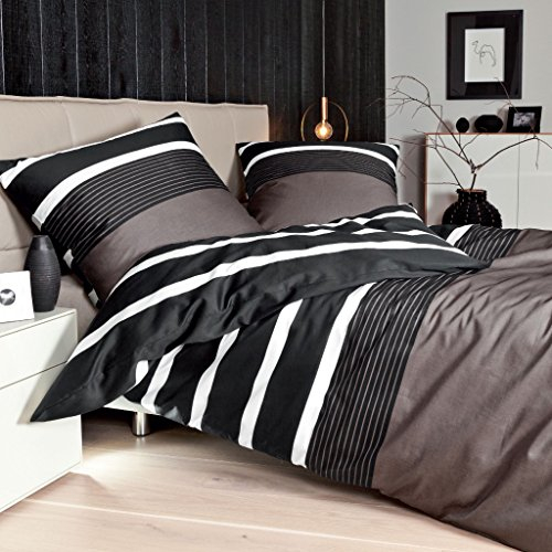 Janine Bettwäsche J.D. 8468 07 Nougat schwarz modern quer elegant Mako Satin, Größe:135 cm x 200 cm
