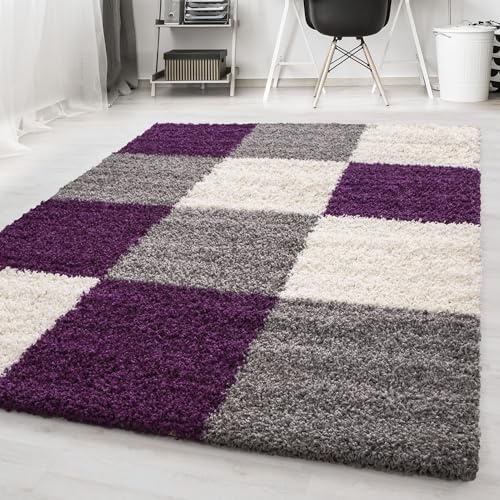 Carpetsale24 Hochflor Teppich Shaggy kariert 80x150 cm Violett, weich & flauschig, modernes Karo Design, rechteckig, ideal für Flur oder Kinderzimmer, stilvoll & gemütlich