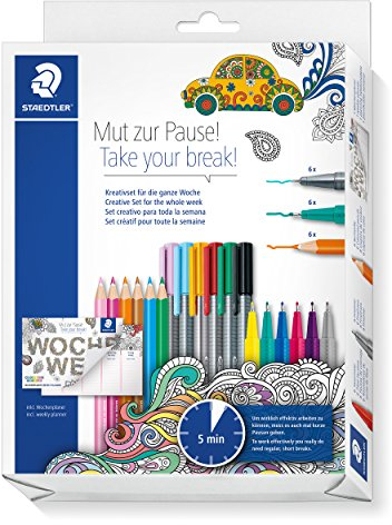STAEDTLER 61 KP3 MZP Kreativset Mut zur Pause (ergonomischer Dreikantschaft, Kartonetui mit Buntstiften, Finelinern und Broadlinern inklusive Wochenplaner mit 53 Kalenderblättern)