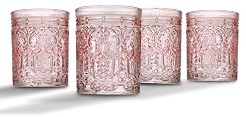Godinger Old Fashioned Whiskey Glasses, Drinking Glasses, Vintage Decor, Glass Cups, Water Glasses, Cocktail Glasses - Jax Collection, 12oz, Pink, Set of 4