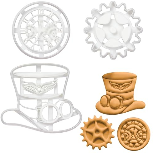 BAKERLOGY Set of 3 Steampunk Cookie Cutters (Designs: Steampunk Gear, Clock and Hat) - Detailed Biscuit Cutter Design for Baking and Crafts, Ideal on Fondant, Dough, Clay