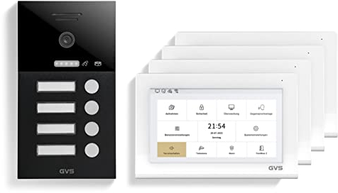 GVS - IP Video Türsprechanlage 4 Familienhaus mit Türöffner, HD Kamera, 4X 7 Zoll Monitor & App - Smarte Video Türklingel mit Kamera & Gegensprechanlage (AVS1378U)