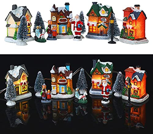 TiSkying Set Villaggio di Natale Illuminato a LED - Case e Figurine in Resina, Edifici da Collezione a Pile - Decorazioni Natalizie
