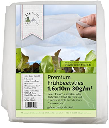 TTL Garden 30g/m² Wintervlies 16m² 1,6m x 10m weiß – Frostschutz Thermovlies Gartenvlies Winterschutz für Pflanzen außen – Pflanzenvlies Pflanzenschutz Winter Kübel & Hochbeet