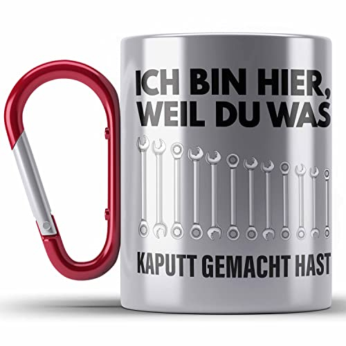 Trendation - Handwerker KFZ Mechaniker Geschenk Lustig Edelstahl Tasse Karabiner Automechaniker Werkstatt Edelstahl Tasse Karabiner Hausmeister (Rot)