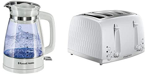 Russell Hobbs 26081 Classic Glass Kettle White & 26070 4 Slice Toaster - Contemporary Honeycomb Design with Extra Wide Slots and High Lift Feature, White