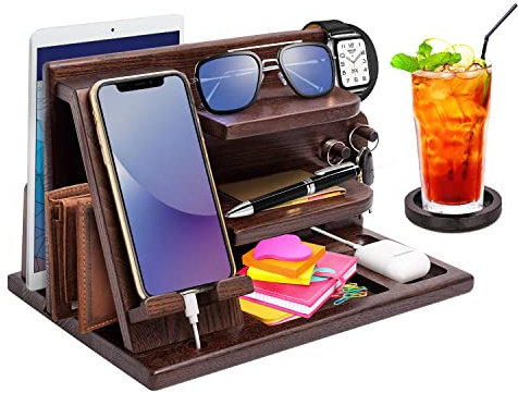 AliveByte Men's Bedside Organiser - Wooden Phone Docking Station & Table Organiser - Brown - 3 Levels - Easy Assembly - Gift for Him