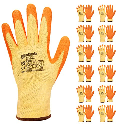 ANDANDA Safety Work Gloves, 12 Pairs, Seamless Knit with Latex Coated, Builders Gloves, Abrasion Resistant, Ideal Work Gloves for Automotive/Machinery/Assembling & Disassembling Equipment, Orange/XL