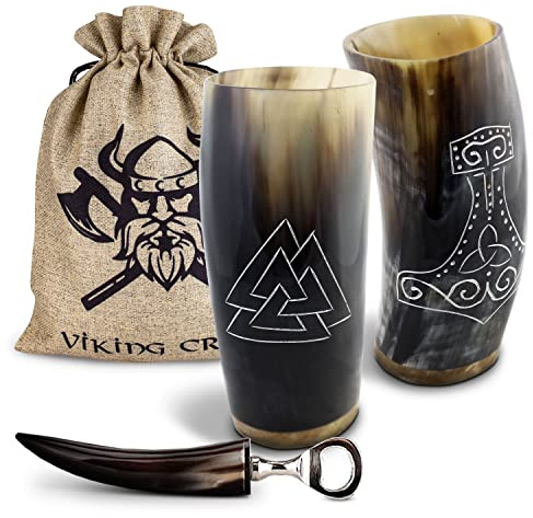 VIKING CRAFT Trinkhorn Wikinger Becher, 2 x 350 ml für Met wie ein Wikinger | 2 Hornbecher aus Naturhorn mit Beutel & Flaschenöffner, jedes Stück ein Unikat, für Mittelalter, LARP & Wikinger Deko