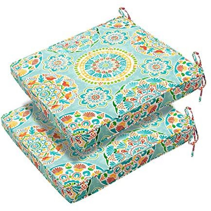 FUNHOME Patio Chair Cushions 18 x 18 x 2.5 Inch,Water-Resistant Outdoor Seat Cushions for Patio Furniture 2 Pack, Sqaure Chair Pads for Wicker Chair Seat, Cyan Circle