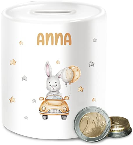 Spardose - Tiere - Hasenmotiv Baby Hase süß Bunny Rabbit Häschen Rennfahrer - Unisize - Weiß - Anna spardosen für Kinder personalisierte Geschenke Hasen Keramik kindersparbüchse Tier Kaninchen
