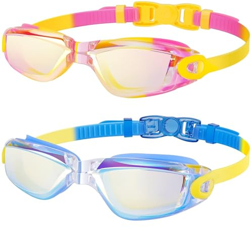 EasYoung Kids Swim Goggles 2-Pack for Children, Teens, Boys or Girls - UV Protection Pool Goggles, Pink/Yellow Mirrored + Blue/Yellow Mirrored