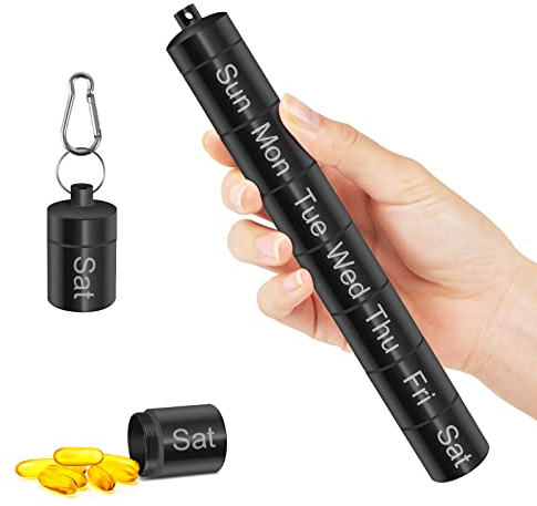 Tablettenbox 7 Tage, DASKING Aluminium Pillenbox Klein mit 7 Teilbaren Fächer, Wasserdichte Medikamentenbox mit Schlüsselanhänger Karabiner für Outdoor Reisen Camping Schwarz