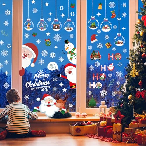 Ctxtqtdt 117 PCS Vetrofanie Natalizie per Finestre, Adesivi Natalizi Finestre Rimovibile Statici in PVC, Sticker Finestre Natale Riutilizzabili Blanc per Decorazioni Natalizie (9 Fogli, 30x20cm)