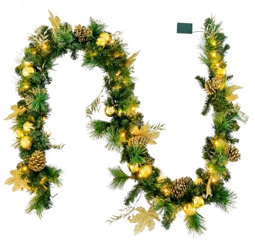 COSTWAY 270cm Weihnachtsgirlande mit Beleuchtung, 50 LEDs warmweiß, künstliche Tannengirlande mit Tannenzapfen & goldenen Kugeln, Tür Kamine Treppe Innen Außen, beleuchtete Weihnachtsdeko, Grün