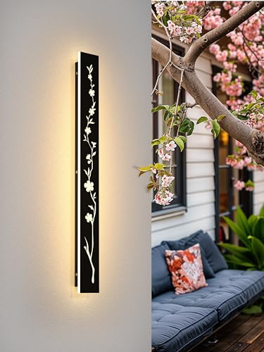 LUOLONG Led Lange Wandleuchte Schwarz 80cm Außenwandleuchte 25W IP67 Wasserdicht Villa Wandlampe 3000K Pfirsichblüten Design Lang Wandleuchten Außenwände Gärten Porch Treppe Terrassen Beleuchtung