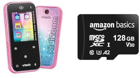 VTech KidiZoom Snap Touch pink – Kinderkamera im Smartphone-Format mit Touchscreen & Amazon Basics – MicroSDXC-Speicherkarte, 128 GB, mit SD-Adapter, A2, U3, 100 MB/s max. Lesegeschwindigkeit, Schwarz