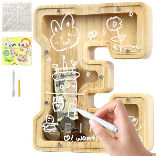 Lakpopya Spardose für Kinder Jungen Mädchen Personalisiert Durchsichtig mit Buchstabe Holz A-Z, Zielbereich, Aufkleber & Marker - Taufe Geschenk Dekoration (E)