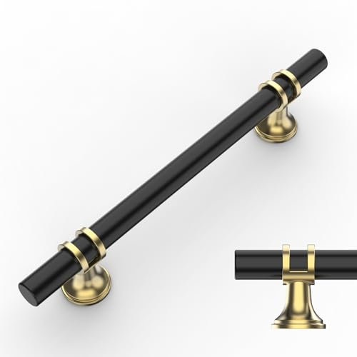 Amerdeco 10 Pack Black & Gold Cabinet Pulls 5 Inch(128MM) Hole Centers Kitchen Cabinet Handles Cabinets Hardware Drawer Pulls AM002
