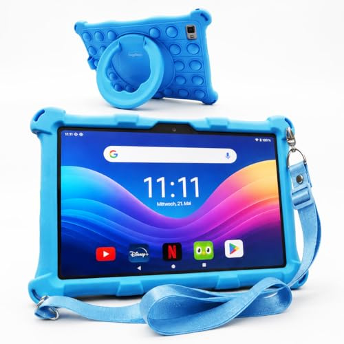 AngelTech Kindertablet XL Pro II – 10 Zoll HD 2025 – Android 16 Kinder Tablet mit Kindersicherung – 6GB RAM + 8GB virtuell, 128GB Speicher – Tablet für Kinder mit Schutzhülle – Blau