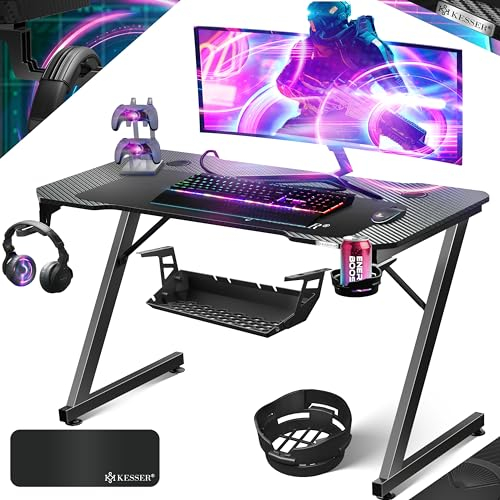 KESSER® Gaming Tisch 100cm x 60cm | Z-Form Gamer Schreibtisch | Kopfhörerhaken & Kohlebeschichtung | Ergonomischer PC Computertisch | Stabiler Tisch mit Getränkehalter Schwarz