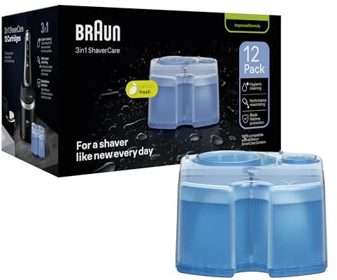 Braun 3-in-1 ShaverCare Reinigungskartuschen für Reinigungsstationen – ORIGINAL Kartuschen – Reinigt Rasierer 10x besser als Wasser, Scherkopfreiniger, Entfernt Haare und Hautpartikel – 12er Pack