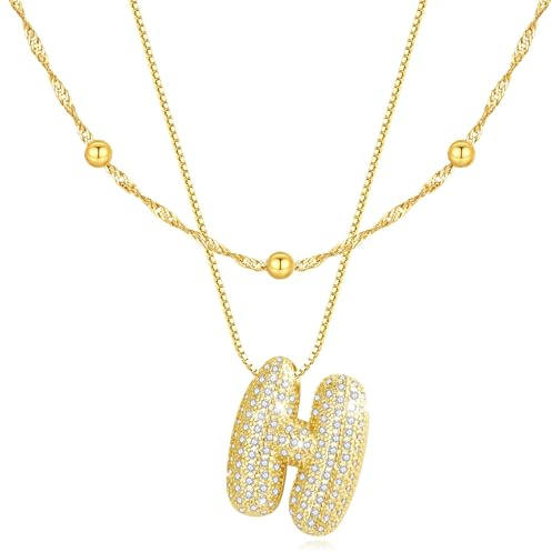 CyxenNova Personalisierte Kette mit Buchstaben Gold Layering Bubble Halskette Damen Gold mit Zirkonia 18K Vergoldet Hypoallergen Geschenke für Frauen Kommunion Geburtstag