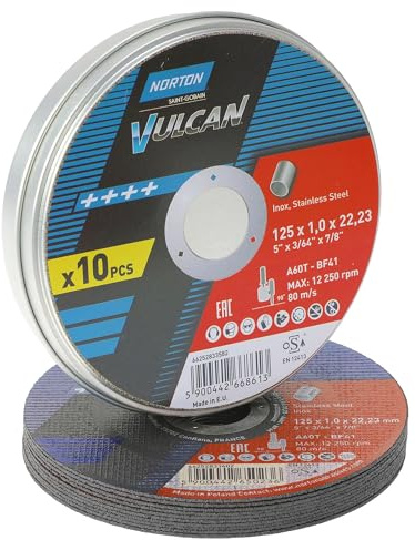 Norton Vulcan - Lot de 10 disques à tronçonner pour meuleuse d'angle - Diamètre : 125 mm x 1,0 mm - Pour acier inoxydable