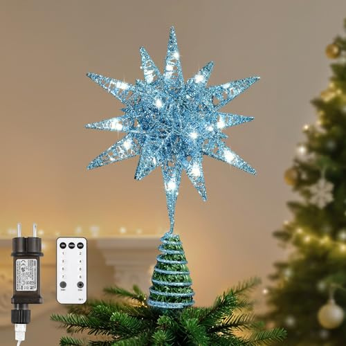 Lewondr Weihnachtsstern-Baumspitze, 11-Zoll Steckbetrieben und Fernbedienung 3D Geometrischer Beleuchteter Baumkronenstern für Weihnachtsdekoration, Timer-Funktion und 5m Kabel, Warmlicht, Himmelblau