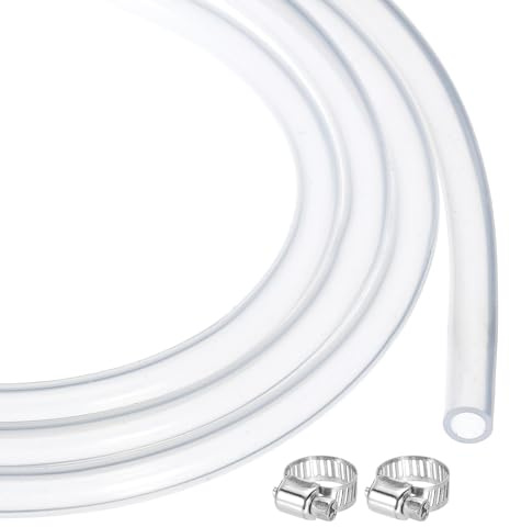 sourcing map 3.3ft Clear Silicone Rubber Tubing 6.4mm x 9.5mm Plastic Tube Flexible Air Hose for Brewing, Wine Making, Pump Siphon, 1/4 ID 3/8 OD, with 2pcs Clamps