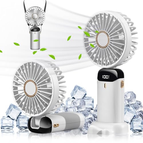 Kukigo Portable Handheld Fan,5000mAh Battery Operated Fan with Base,5 Speeds,Digital LED Display,Hand held USB Rechargeable Fans,Mini Fans Foldable Desk Fan for Outdoor Indoor Home Office (White)