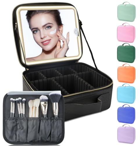 SUILU Sminkväska med spegel av LED-upplyst, resesminkväska för kvinnor och makeupartister kosmetika, 3 färger lampor, justerbara avdelare och borsthållare, Svart, 10.2*9.1*3.4in