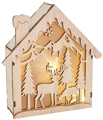 VBS Holzbausatz Lichterhaus inkl. Beleuchtung Fertiges Holzhaus zum Selberbauen Weihnachtshaus Beleuchtetes DIY-Haus Dekoration aus Holz Hausdeko Rentiere